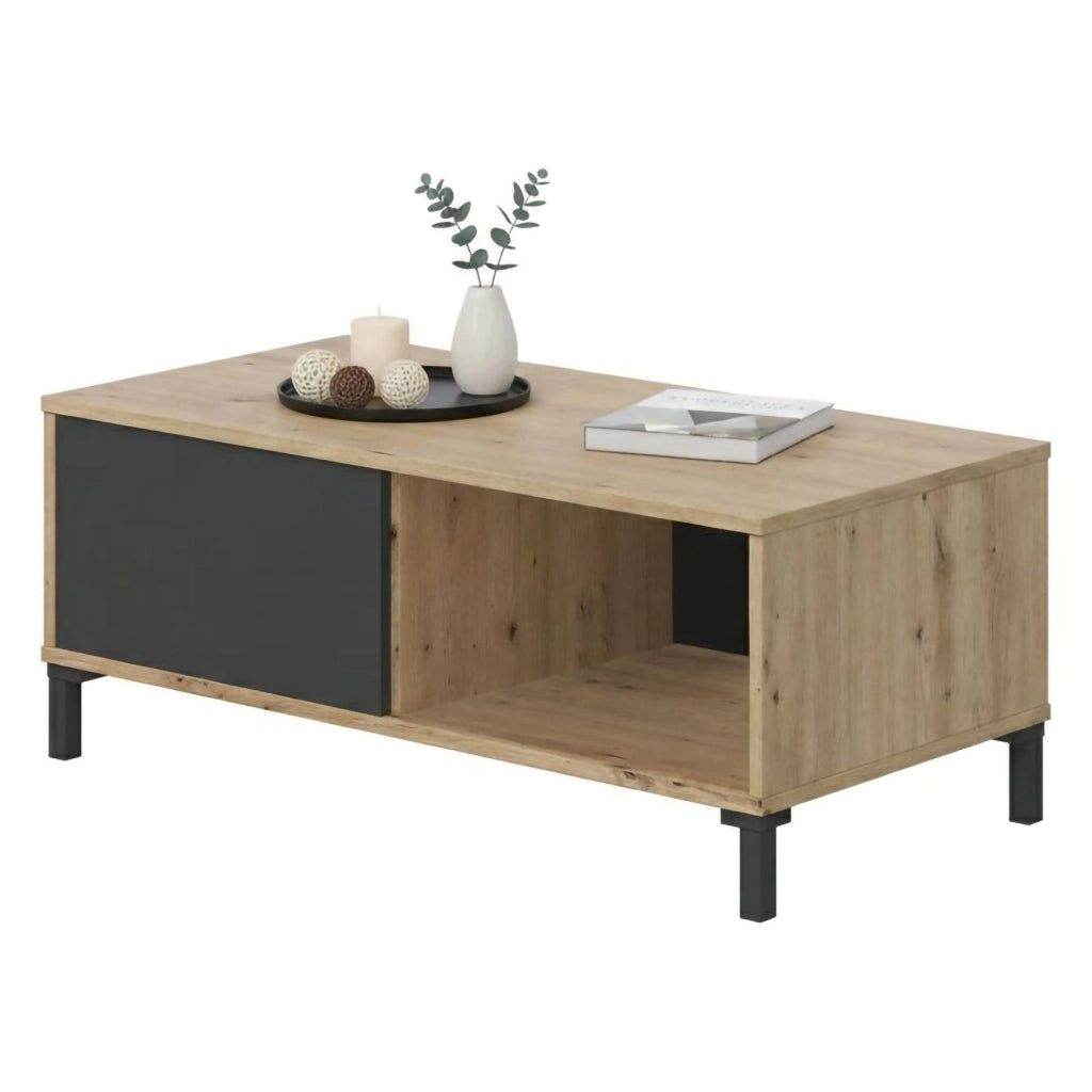 Tavolino da salotto Axinia, Tavolino da caffè, Tavolo basso da soggiorno, cm 100x50h40, Rovere nodi e Antracite