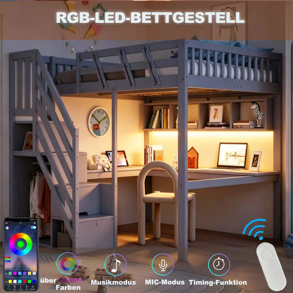 Letto a soppalco 140x200 cm con scala contenitore; scrivania; USB e LED; legno massello grigio