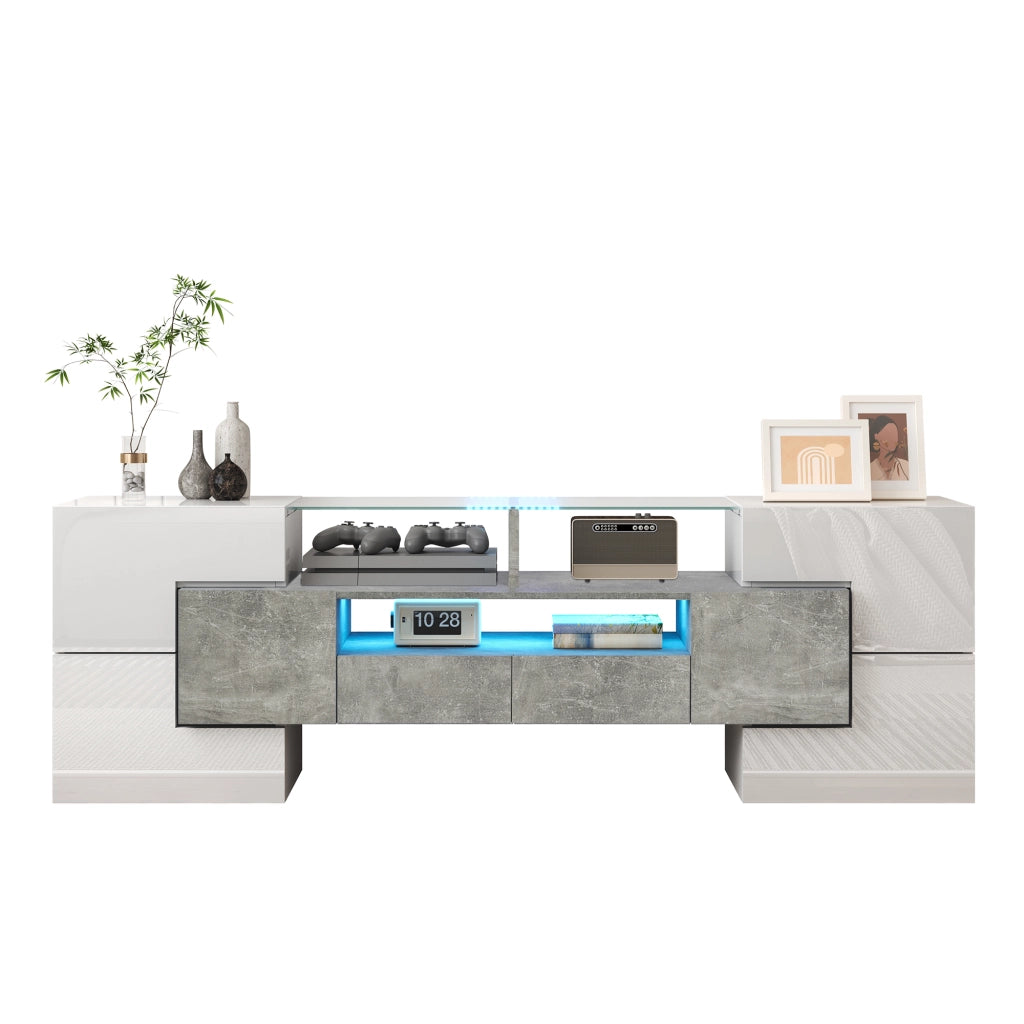 Mobile TV con 6 Ante; 2 Cassetti e LED Multicolore; Finitura Lucida; 145??30??51 cm; in Pannello Truciolare; Bianco