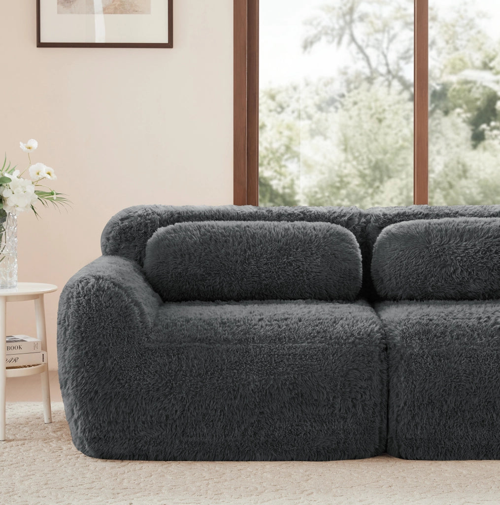 Divano angolare modulare con base antiscivolo in peluche grigio