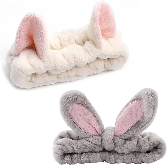 Due fasci per capelli – Orecchie di gatto e coniglio – Lavabili, morbidi e comodi per maschere per il viso, trucco e doccia (Molti colori, unisex)
