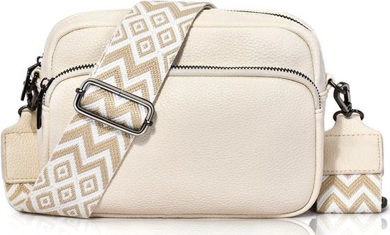 Borsa da spalla per donna con cinturino regolabile e chiusura a zip, in pelle PU, colore beige