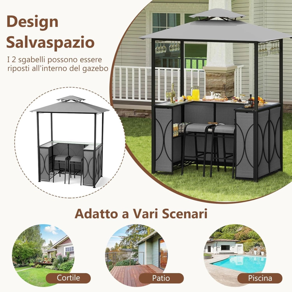 Set Bar da Patio a 3 Pezzi, Gazebo per Griglia e 2 Sgabelli da Bar con Tavolo in Vetro Temperato, Ripiani in Metallo, Portabicchieri, per Giardino Cortile e Spiaggia (Grigio)