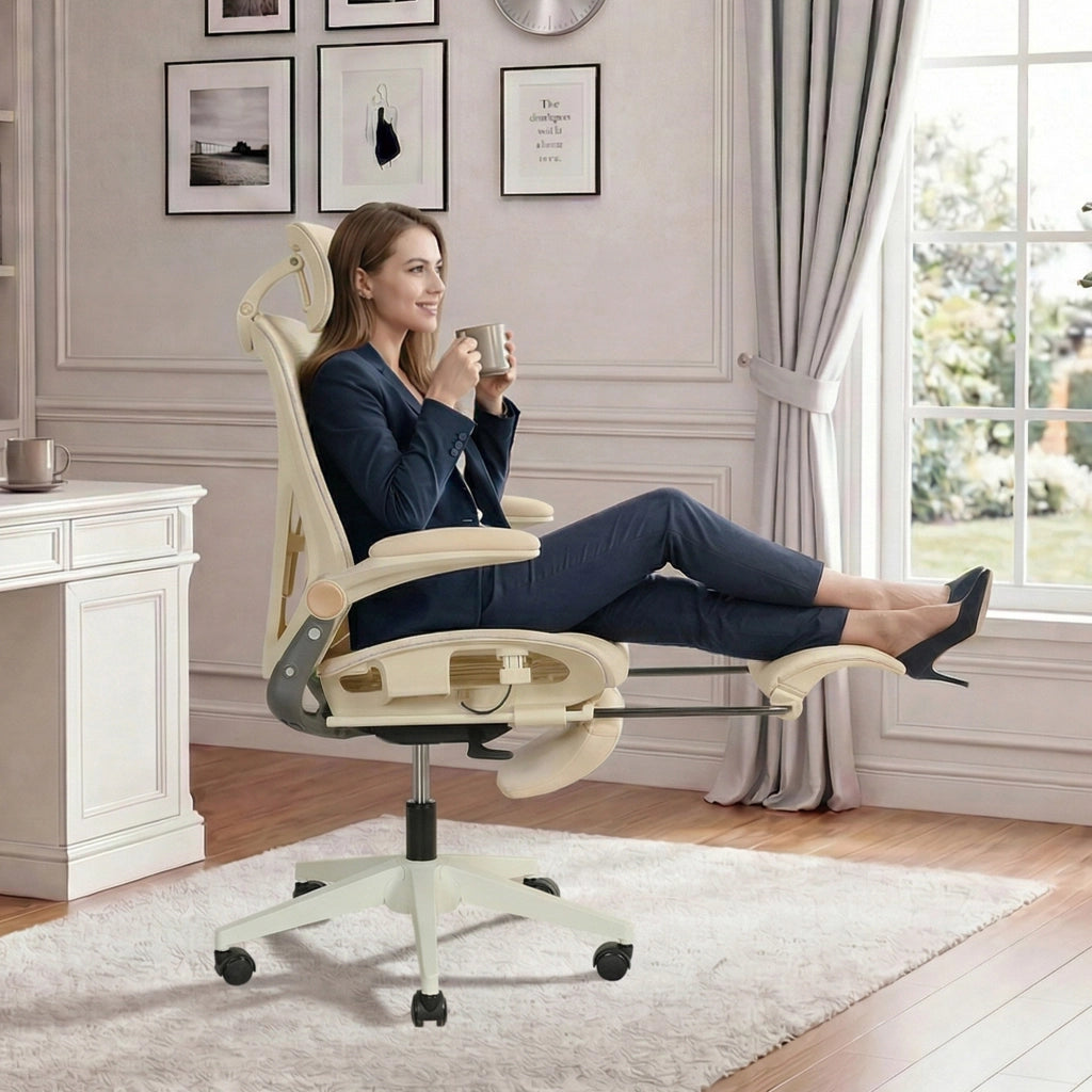 Sedia da ufficio ergonomica pieghevole in rete con poggiatesta regolabile e supporto lombare salvaspazio crema