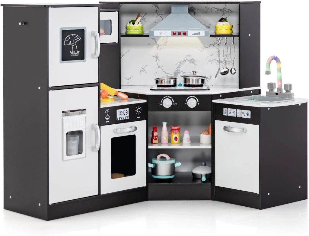 Set di Cucina Giocattolo per Bambini, con Suoni e Luci Divertenti, Lavabo, Forno a Microonde, Macchina del ghiaccio e Lavastoviglie, Lavagna, Ideale per Bambini 3 Anni+ (Bianco)