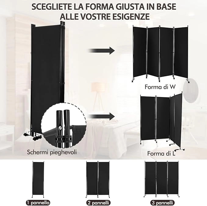 Paravento da Interno in Metallo, Separé Divisorio Interno Pieghevole con Piedini Stabili, Pannelli Divisori per Interni per Casa e Ufficio (Nero, 225 x 173 cm (4 Pannelli con ruote))