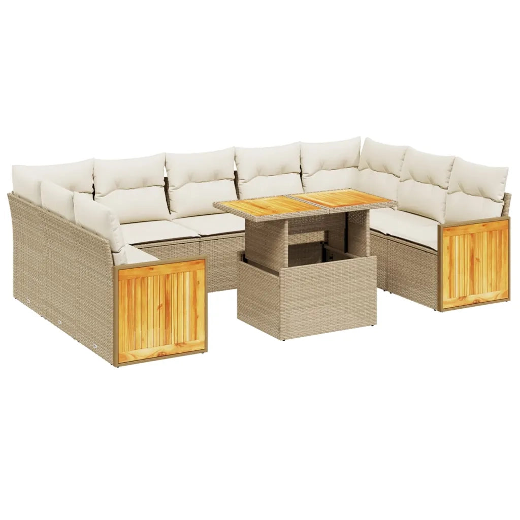 Set Divano da Giardino 10 pz con Cuscini Beige in Polyrattan