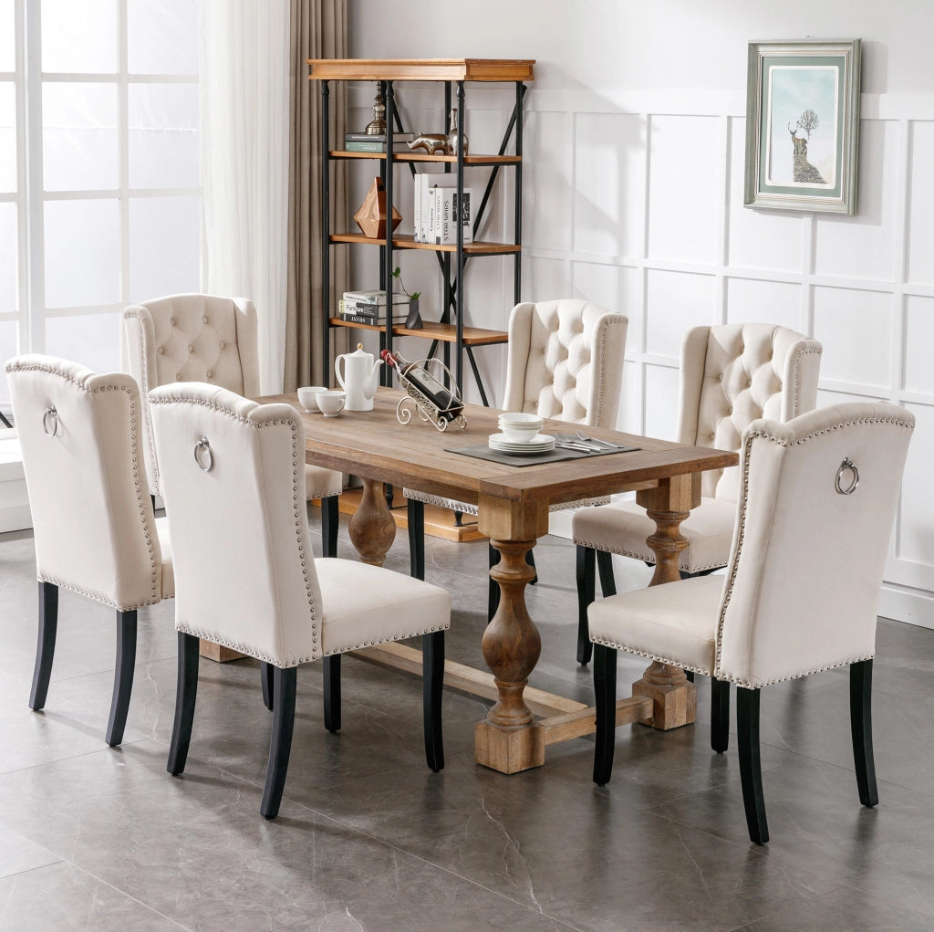 Set di 4 sedie da pranzo in velluto con gambe in quercia beige