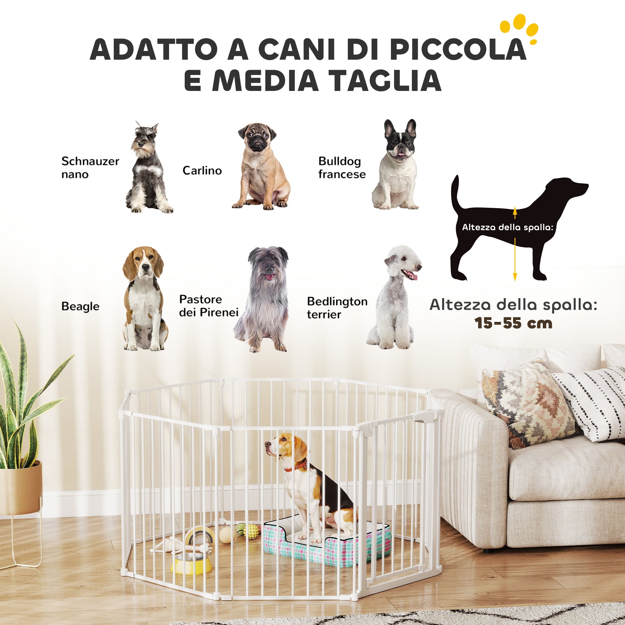 Recinto per Cani a 8 Pannelli Modulabili 61x3x75 cm con Chiusura Automatica in Acciaio e ABS Bianco