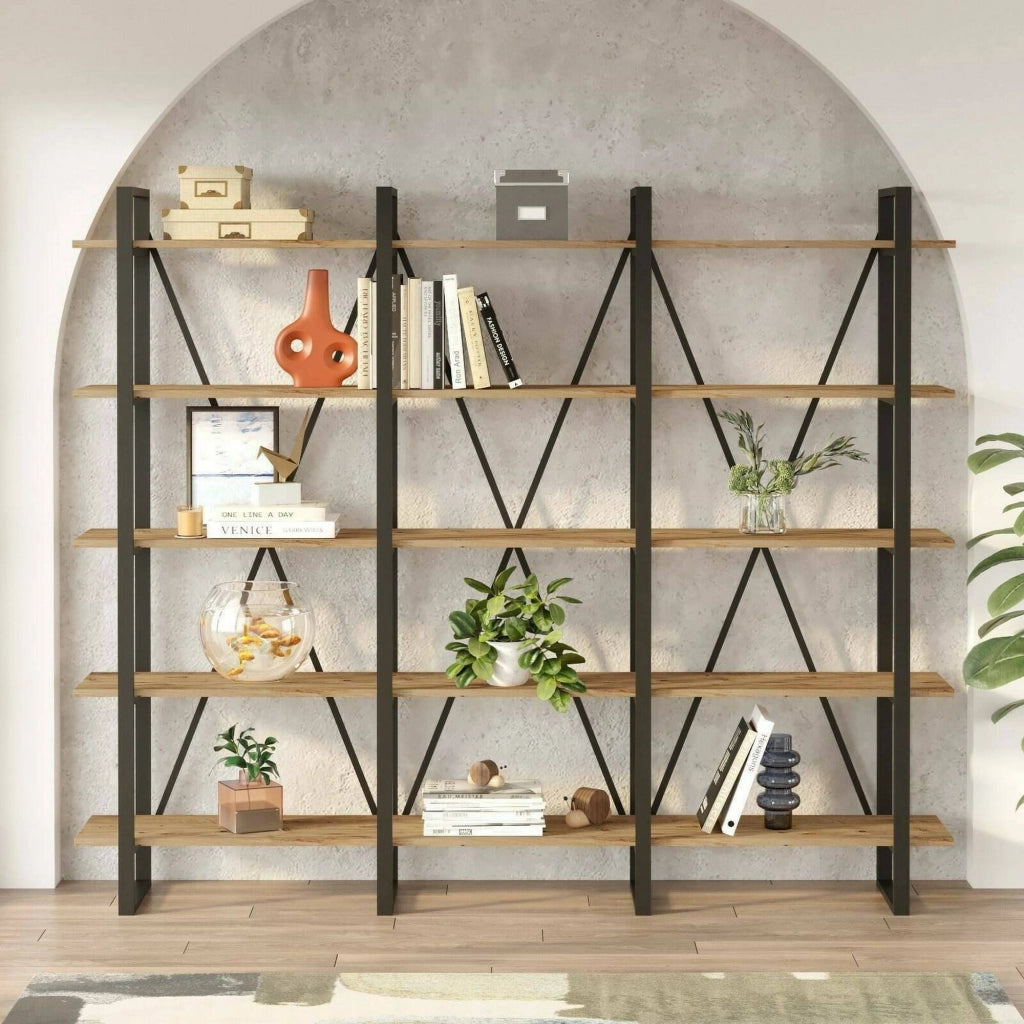Libreria Altano, Scaffale da ufficio, Mobile portalibri, Biblioteca, 220x34h180 cm, Quercia