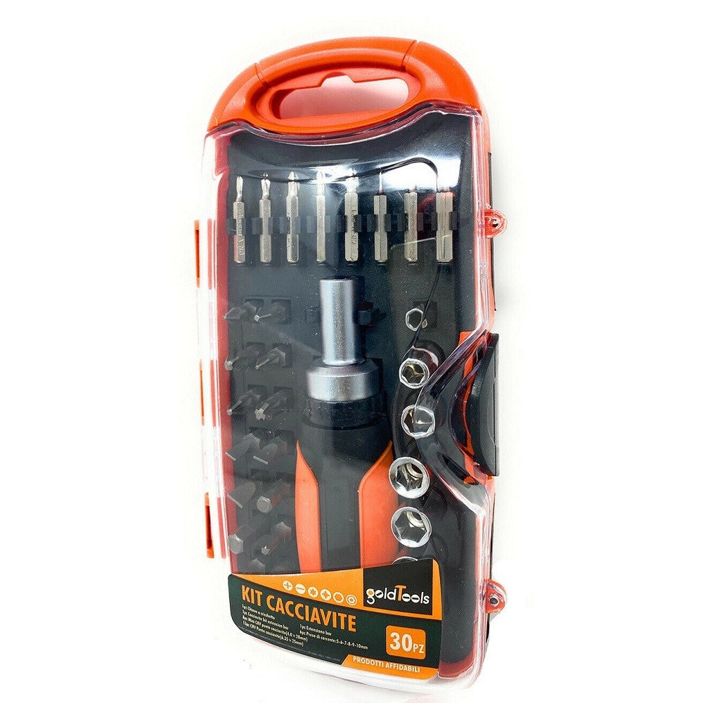 Trade Shop - Kit 30 Pz Cacciaviti A Cricchetto Multiuso Inserti Punte A Croce Torx Esagonali -