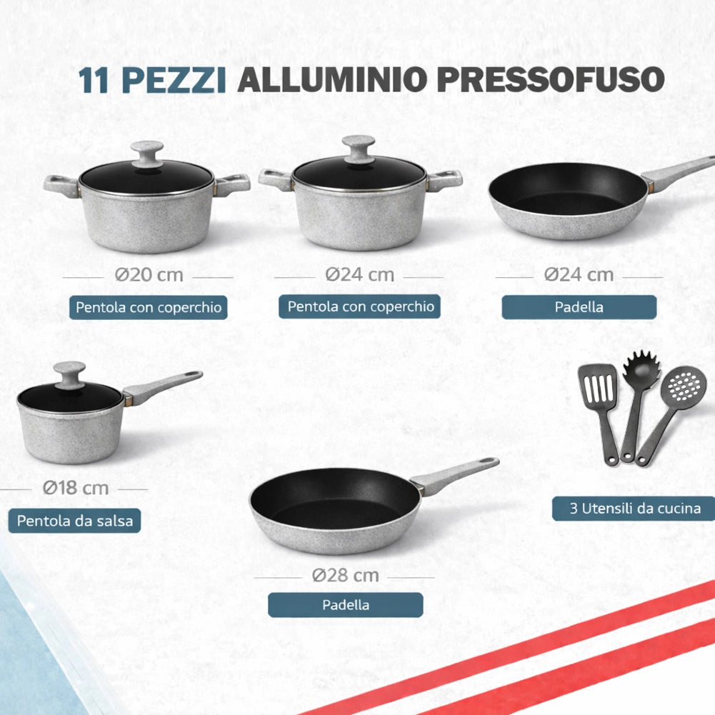 Batteria di Pentole Serena Grigio 11 Pezzi in Alluminio Pressofuso con 3 Mestoli