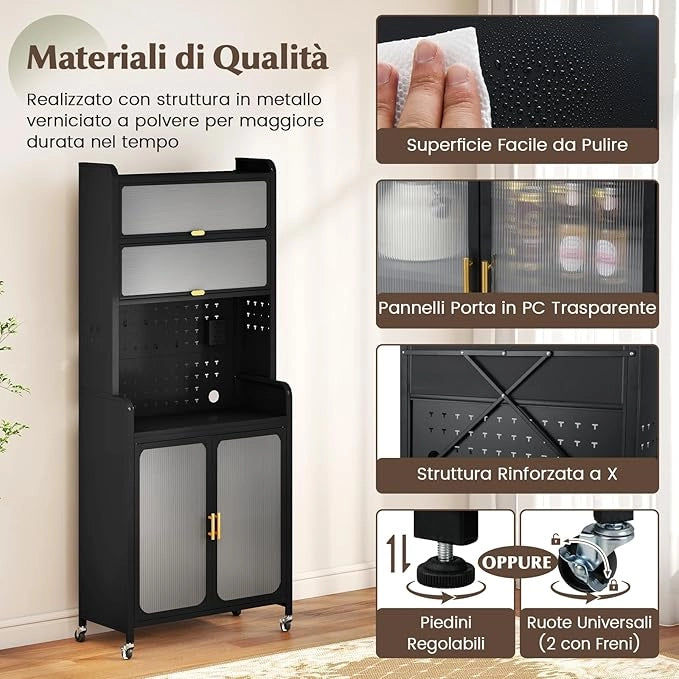 Credenza da Cucina, Armadietto Salvaspazio in Metallo con Ampio Piano di Lavoro, Ripiano Regolabile, Pannello Forato e Ruote, per Sala da Pranzo e Soggiorno, 79 x 37 x 192 cm