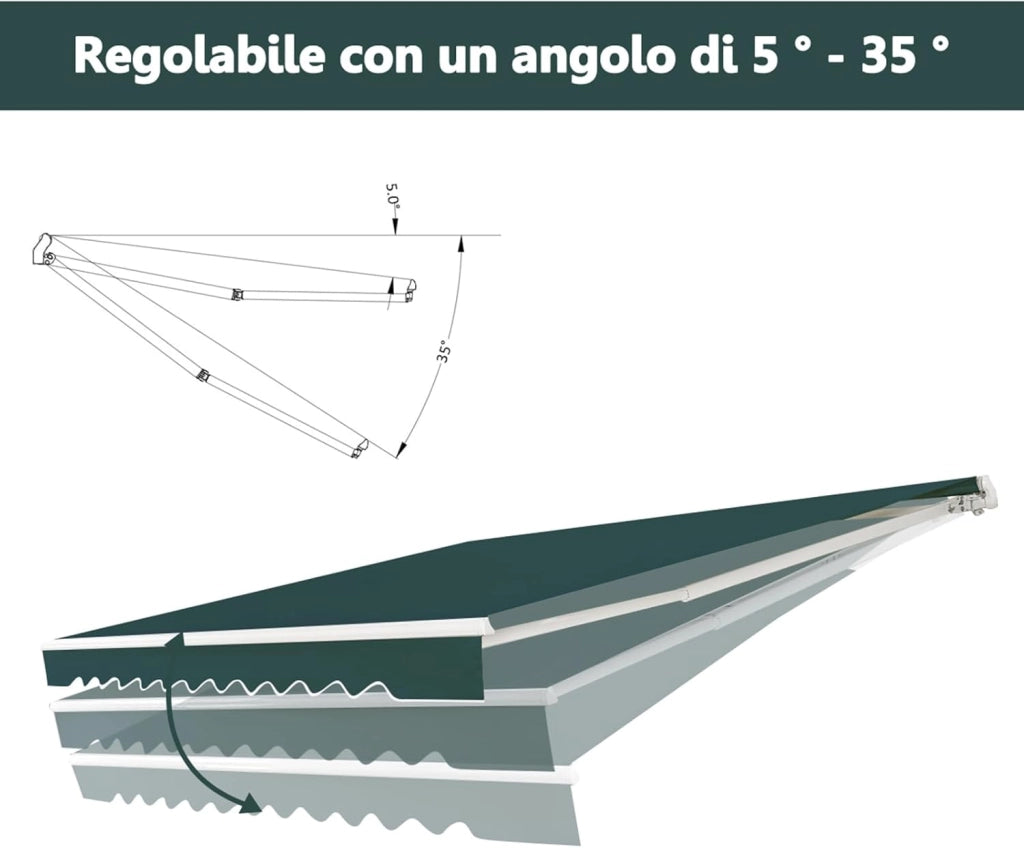 Tenda da Sole per Esterno Avvolgibile 3 x 2,5 M, Tenda da Sole a Bracci Estensibili con Telaio in Alluminio, Tettuccio Resistente al Sole e Impermeabile e Manovella (3 x 2,5 M, Verde)
