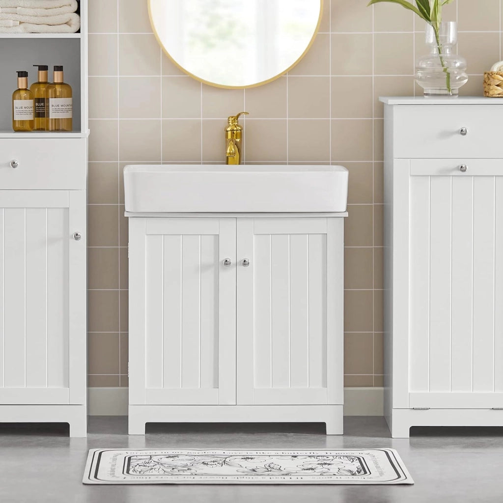 Mobile Bagno Sottolavabo – Mobiletto Bagno Salvaspazio con Ante e Ripiano Regolabile – Mobile sotto Lavabo da Bagno in MDF, Bianco, 60x60x29cm, BZR18-W
