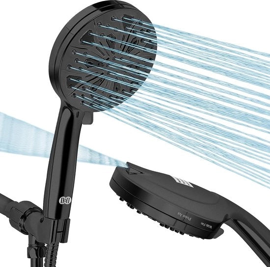 Douchekop con 10 tipi di getto, 5,1 pollici alta pressione doccia a mano con tubo (1,5 m tubo in acciaio inossidabile con valvola anti-ghiaccio) Integrazione di 2-modus Power Wash Spray (2,5 GPM, Nero)