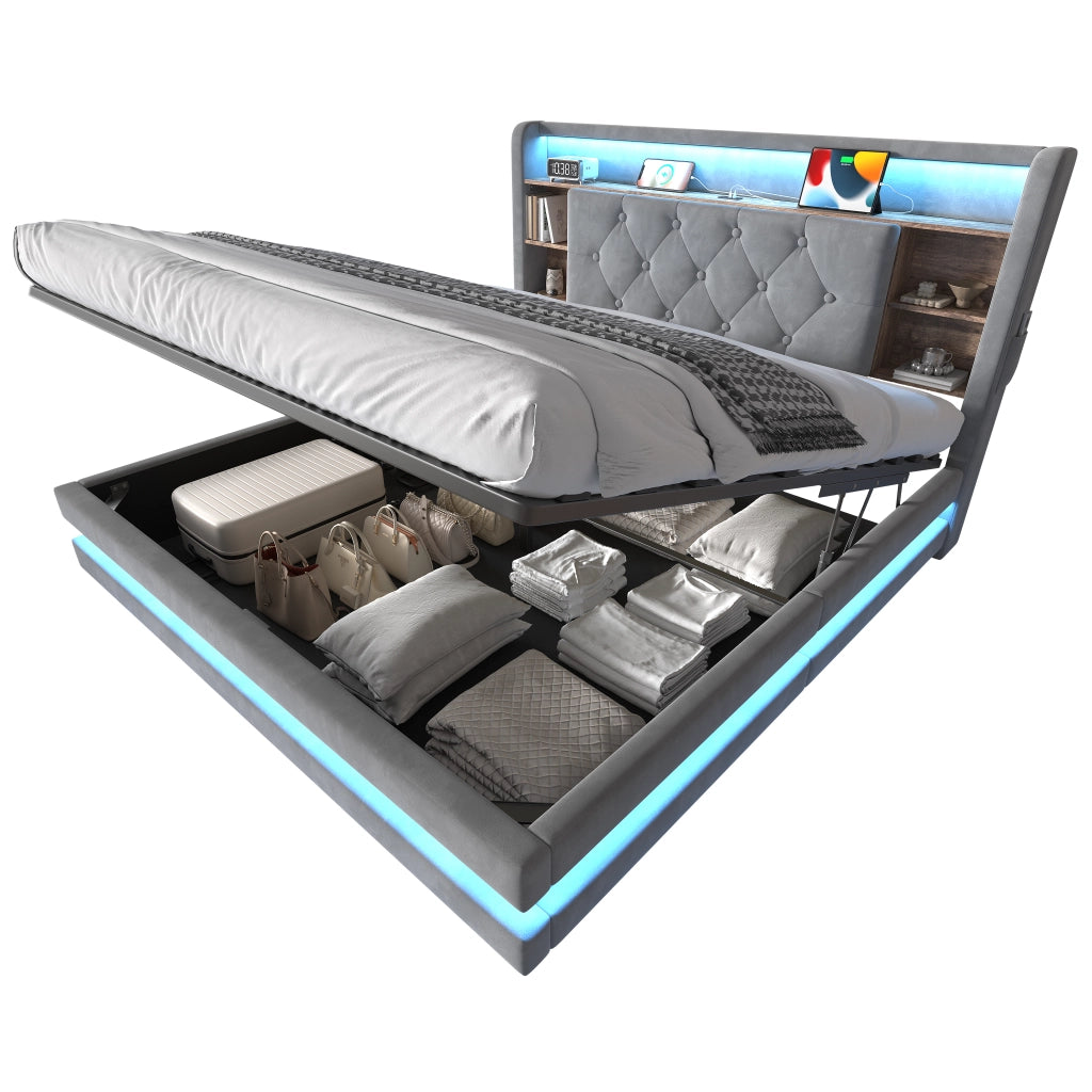 Letto imbottito con contenitore 140 x 200 cm in velluto, testiera multifunzione con ripiani aperti, LED, 2 USB e Type-C, grigio scuro