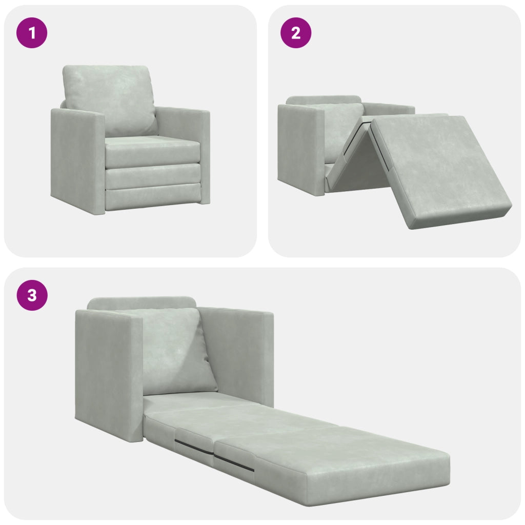 Divano a terra  Singolo Convertibile in Velluto 74x77x81 cm Grigio chiaro