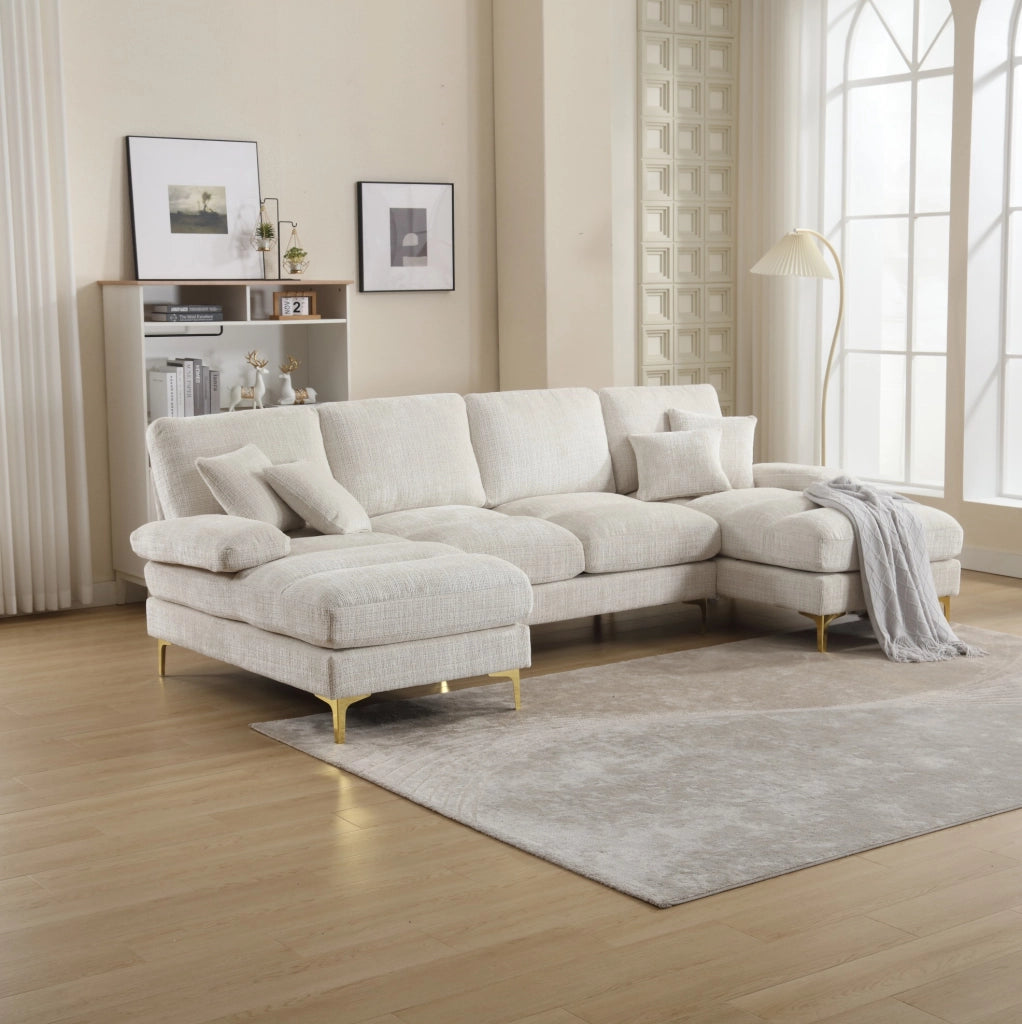 Divano a U 272x136x88 cm con due sedute reclinabili in chenille beige