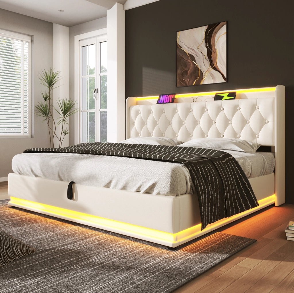 Letto imbottito 140x190 cm con LED, contenitore idraulico e USB-C in PU bianco