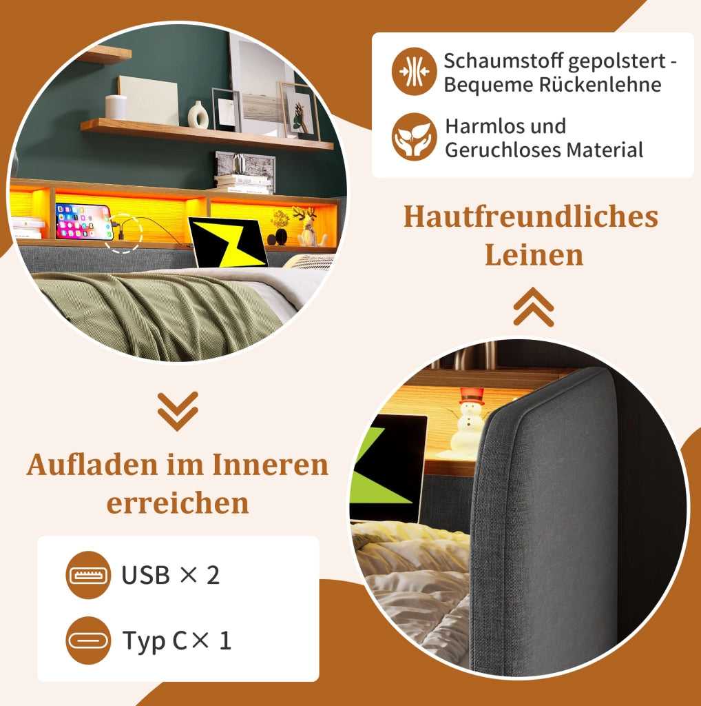 Letto imbottito 140x190 cm in lino grigio con LED; porte USB e Type-C; 2 cassetti