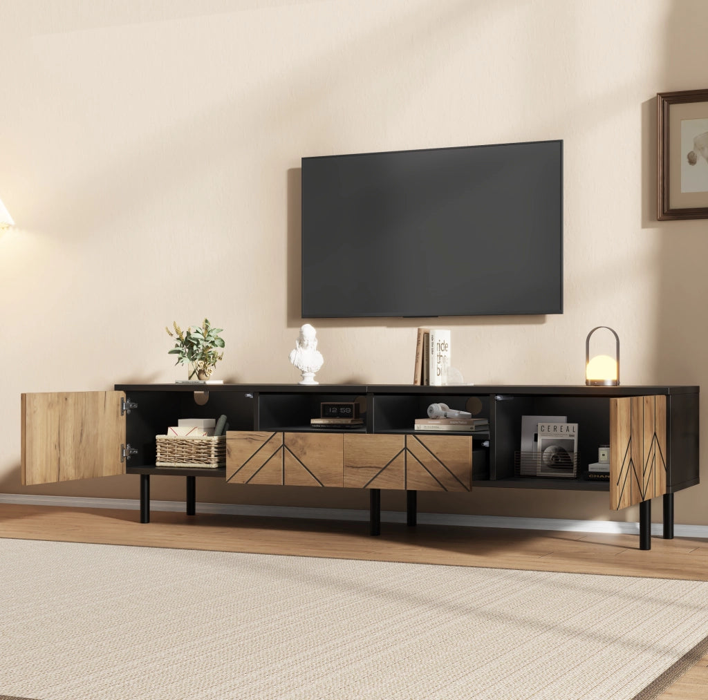 Mobile TV 180x40x45 cm con 2 cassetti e 2 ante in truciolare nero e naturale