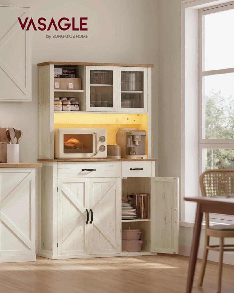 VASAGLE Credenza Cucina con Luce e Multipresa, Mobile Dispensa Cucina con Ante e Cassetto, 39,5 x 106,5 x 180,6 cm, con Ripiani Regolabili, Stile Farmhouse, Bianco Vintage e Marrone Miele BBK391W02