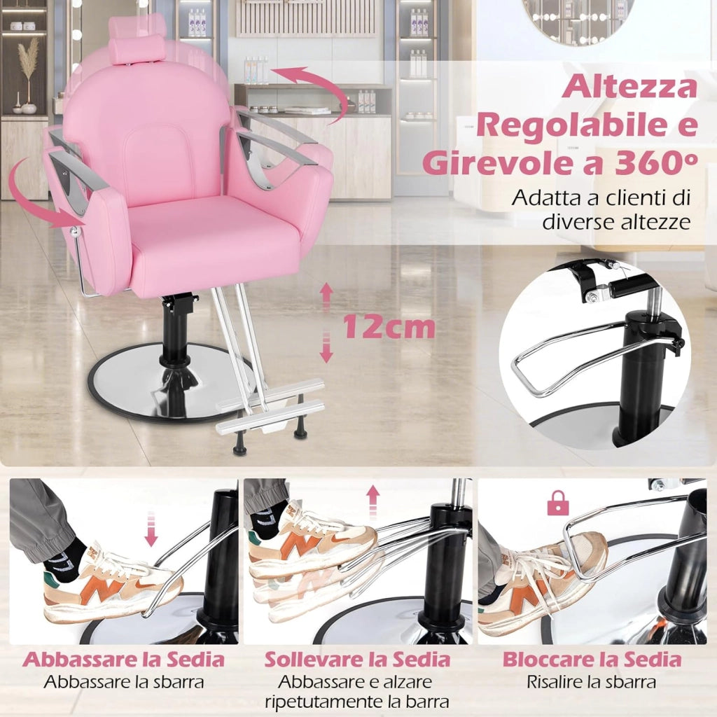 Sedia da Parrucchiere Girevole 360°，Altezza Regolabile, Poltrona Idraulica con Poggiapiedi, Sedia da Salone con Poggiatesta e Schienale Reclinabile, per Parrucchieri, Saloni di Bellezza (Rosa)
