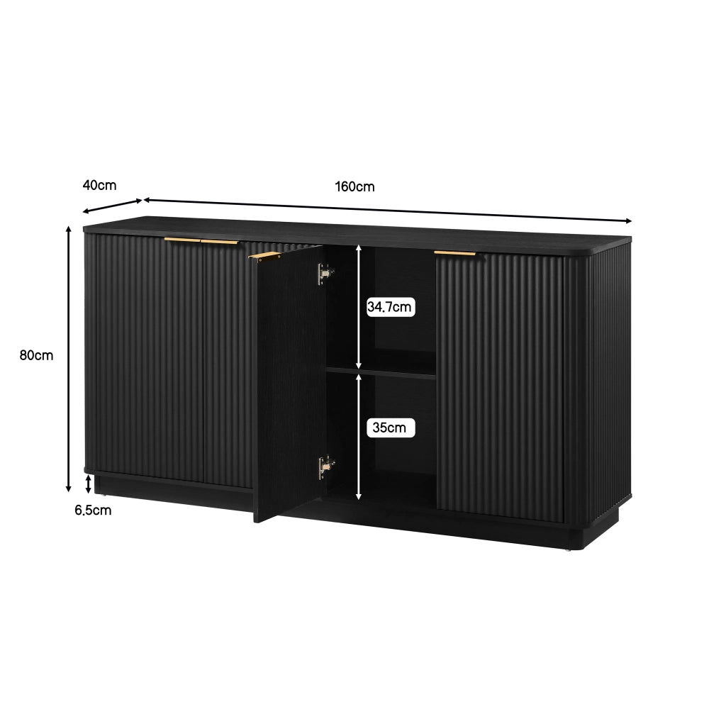 Credenza con 4 ante e 4 vani; ripiani; per soggiorno; in MDF; 160×40×80 cm; nero