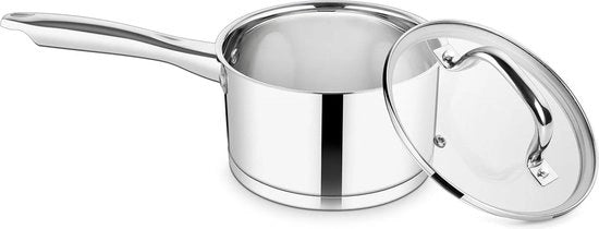 Piatto di acciaio inossidabile 3 strati, 16 cm, con coperchio in vetro, capiente 19 l, adatto per induzione, sanitario e lavabile in lavastoviglie.