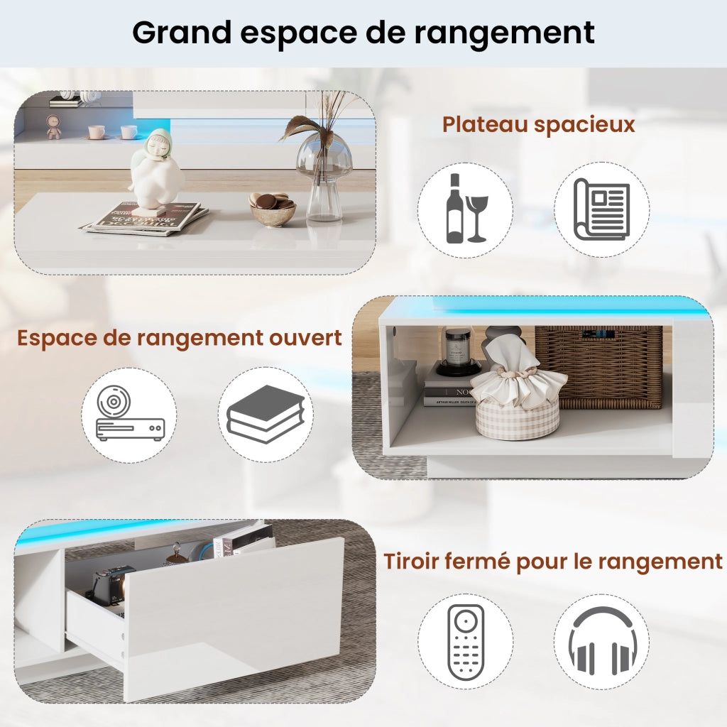 OKWISH Set 2 Mobile TV e Tavolino da Salotto, con LED e Vano Contenitore, Pannelli Lucidi, in Truciolare Bianco