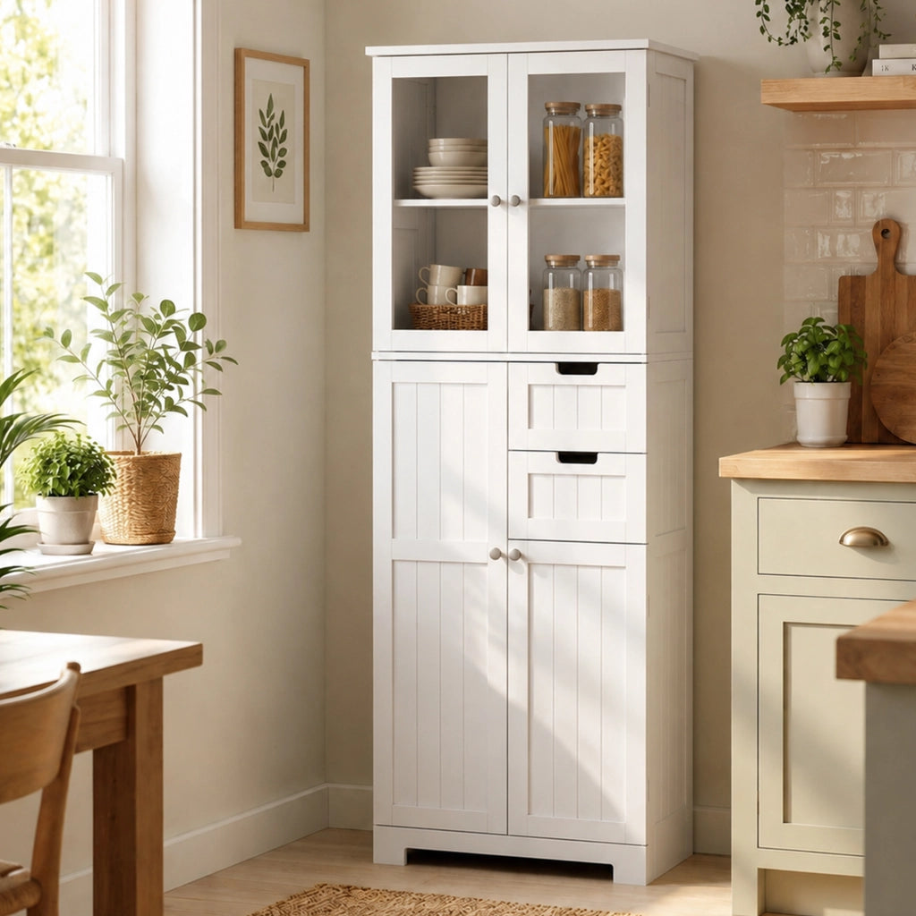Mobile bagno alto con 4 ante e 2 cassetti, 60x30x170 cm, bianco