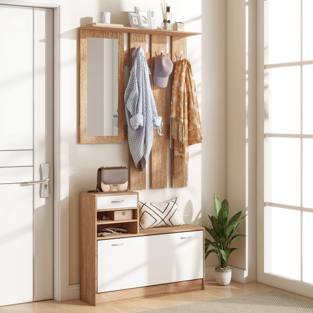 Mobile Appendiabiti 3 in 1 con Scarpiera e Specchio, Ganci e Cassetti, in Legno, 90x24x177 cm, Bianco e Noce
