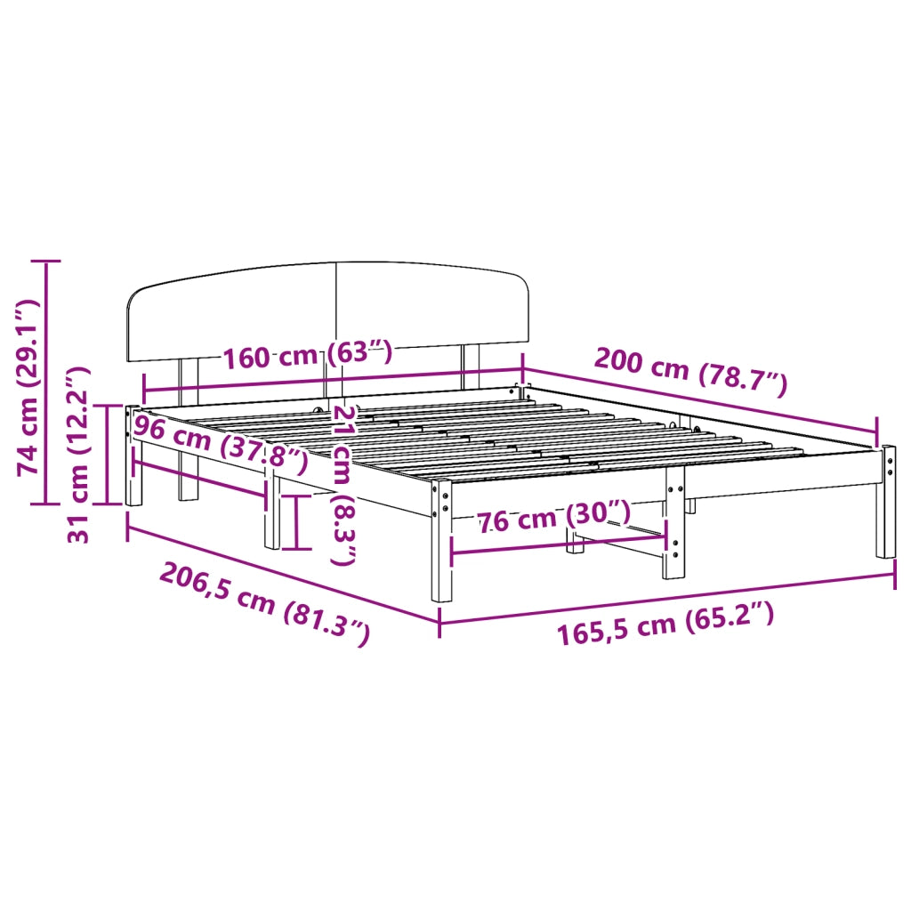 Struttura Letto con Testiera 160x200 cm Legno Massello di Pino