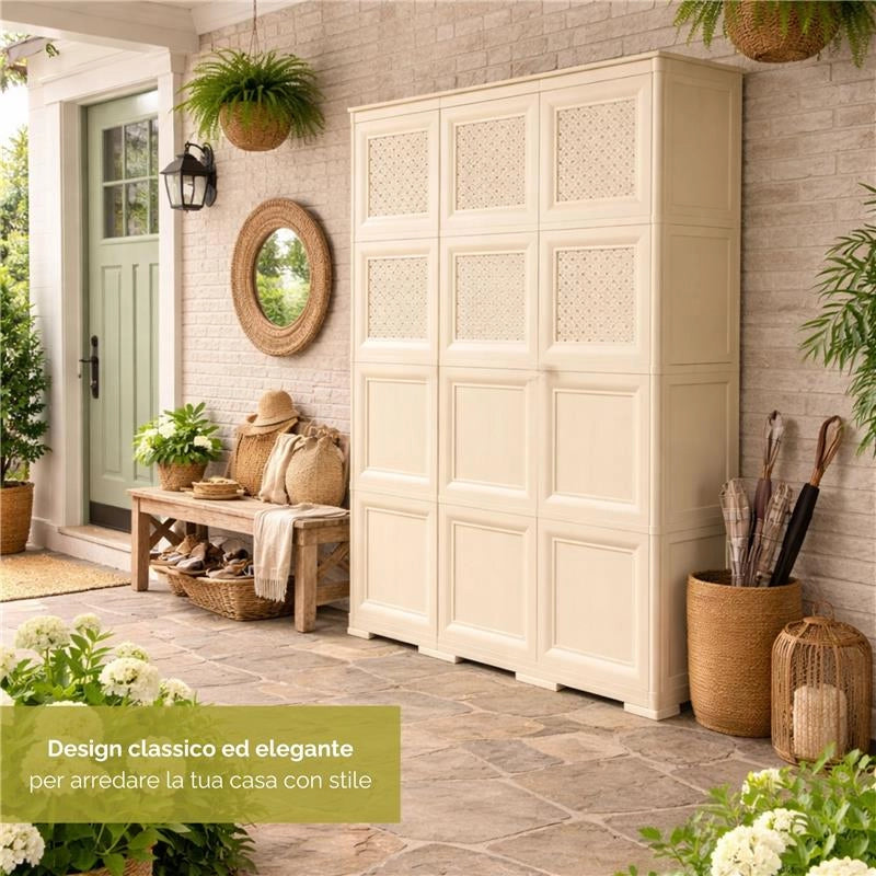 ARMADIO 3 ANTE ANGORA 118X43X164 CM CON PUNTALI, ANTE TRAFORATE E VANO PORTASCOPA – MOBILE ALTO ORGANIZZAZIONE CASA PER INGRESSO E LAVANDERIA