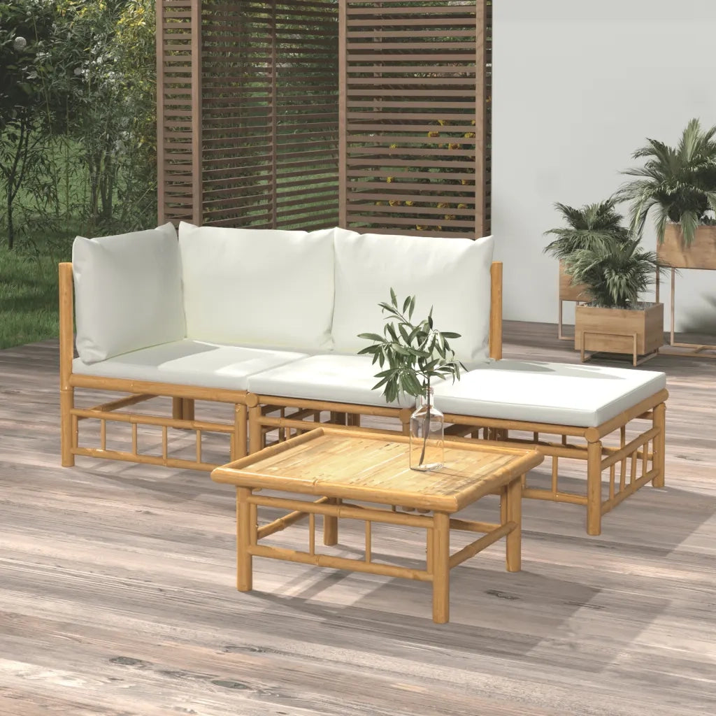 Set Salotto da Giardino 4pz con Cuscini Bianco Crema in Bambù 3155176