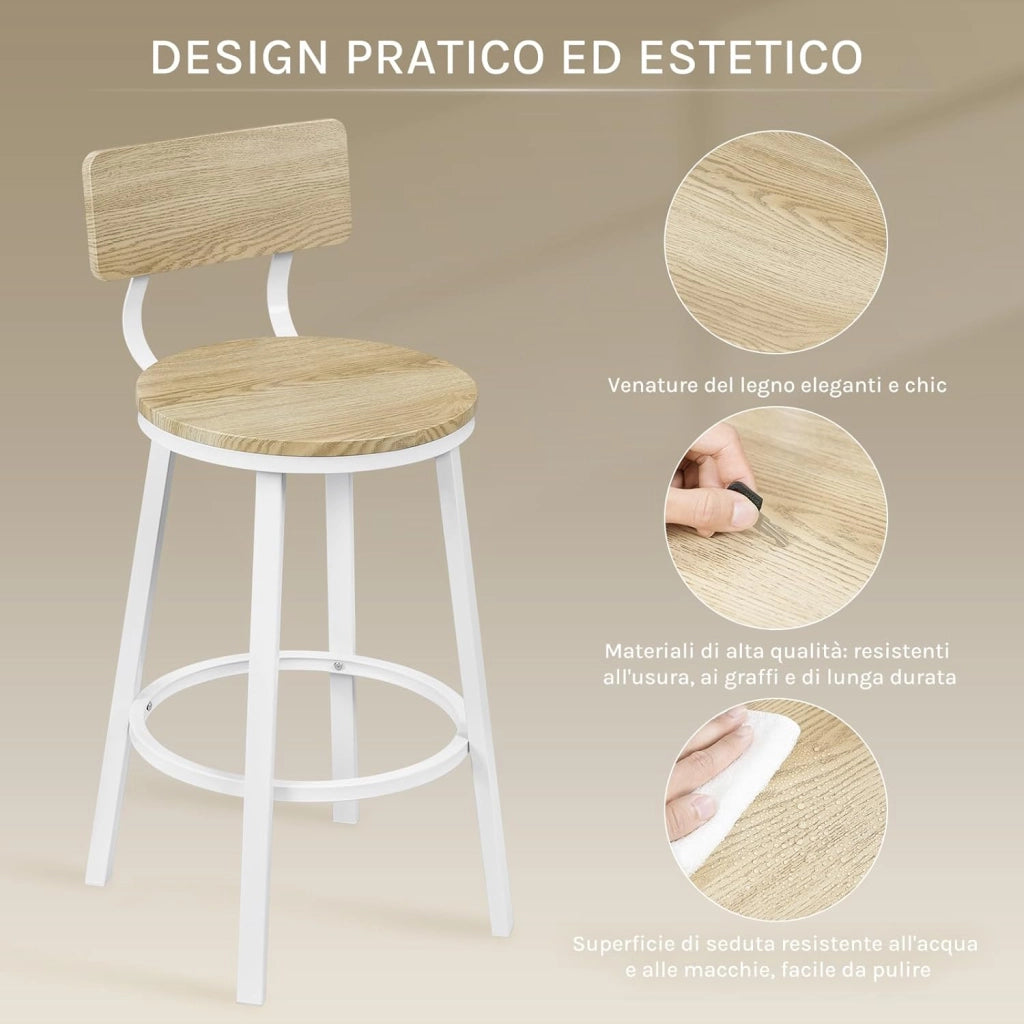Sgabelli Cucina Set di 4, Sgabelli da Bar per Colazione, con Poggiapiedi e Schienale, Struttura in Metallo, Effetto Legno Chiaro