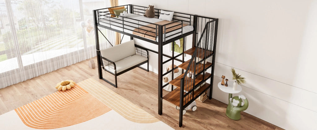 DESMIU Letto a castello 90 × 200 cm 2 posti con divano imbottito, vano contenitore e scala, senza materasso, nero