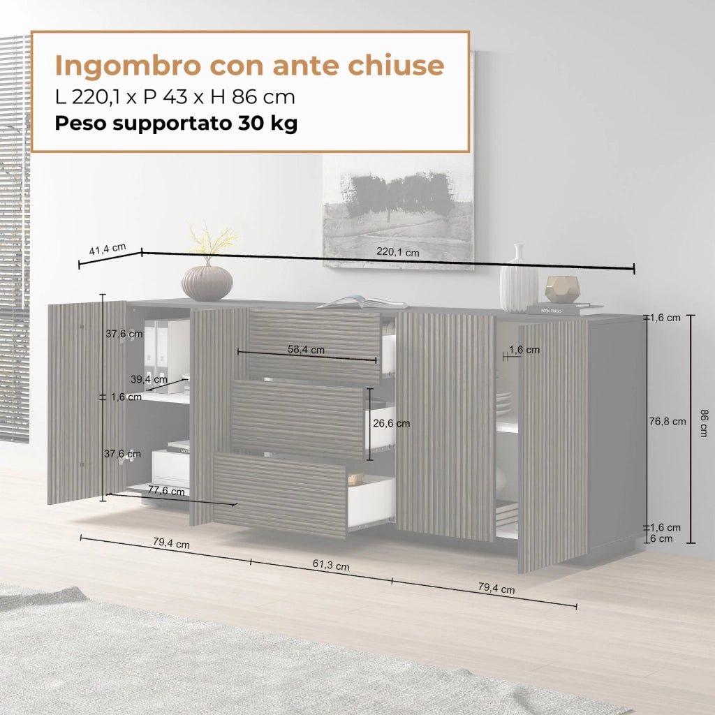 WHOUS Credenza Coste a 4 ante e 3 cassetti antracite opaco e legno scuro 220,1x43x86 cm