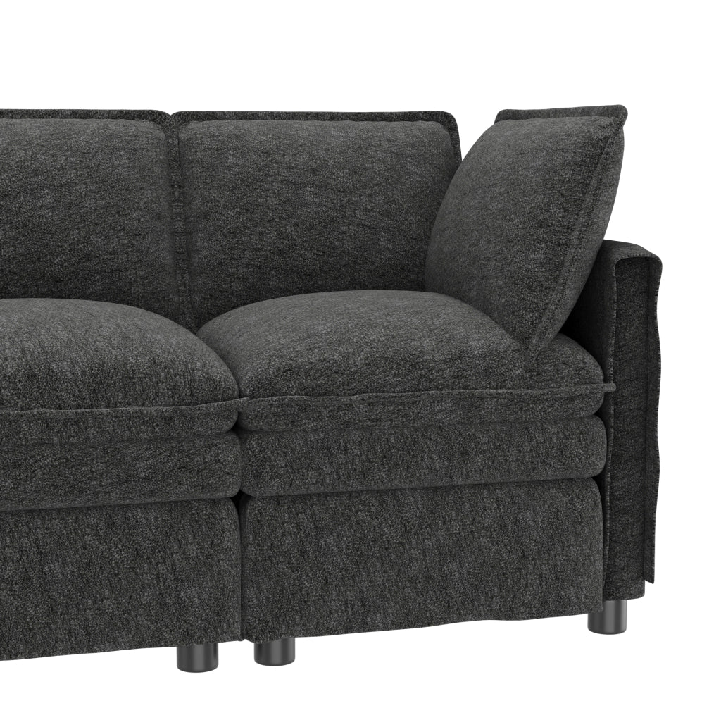 Divano modulare 6 posti in ciniglia grigio con pouf, 344 cm