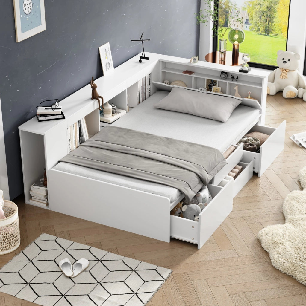 Letto per bambini 90 x 200 cm con cassetti e contenitori bianco