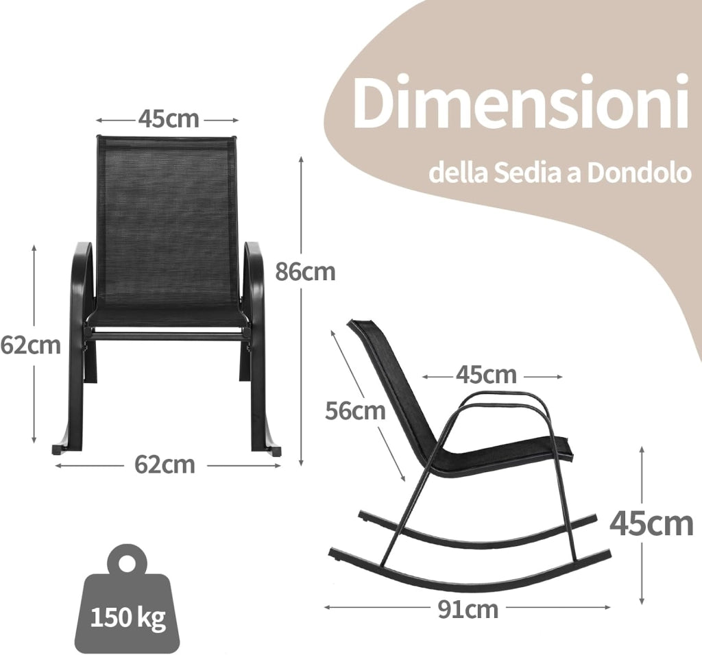 Sedie a Dondolo da Giardino 2 Pezzi, Dondoli da Esterno Ergonomici in Textilene Traspirante e Movimento Dolce, Sedie Dondolo da Balcone Terrazzo Giardino, Portata 150 kg (Nero)