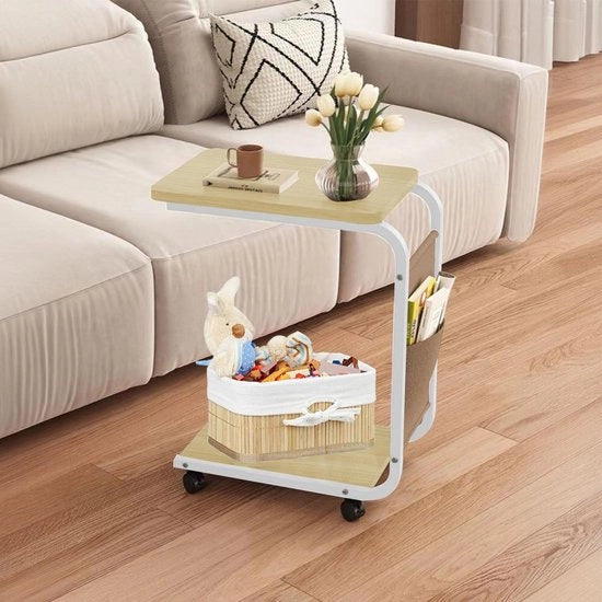 Tavolo supplementare con ruote - Tavolo per laptop a C con ruote - Facile da montare - Tavolo salotto stabile per la sala da pranzo - Colore legno