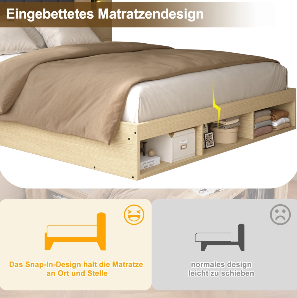 Letto matrimoniale contenitore 180x200 cm con USB Type-C; lampade e comodini; rovere chiaro