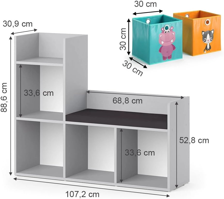 Scaffale per bambini Luigi, Grigio, 107.2 x 88.6 cm con 2 scatole pieghevoli opt.2, con seduta imbottita e quattro ripiani aperti