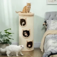 Torre Tiragraffi per Gatti Alta 96 cm con 3 Casette e Lettino Superiore Rimovibile e Lavabile, Crema