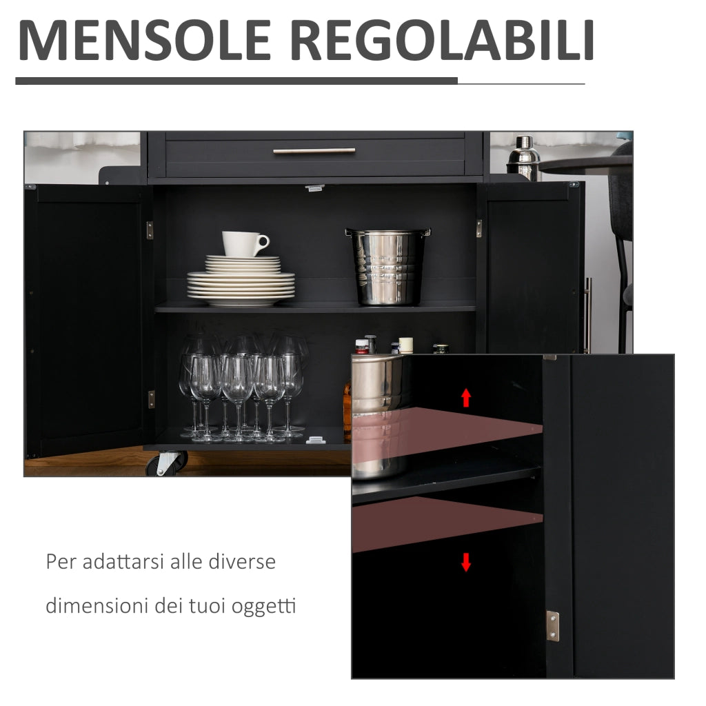 EasyComfort Carrello da Cucina Multiuso con Cassetto, Ruote, Portaspezie e Armadietto, Mobiletto Cucina con Ripiano Regolabile, Portasciugamani e Piano in Legno di Caucciù, 109x40x89 cm, Nero