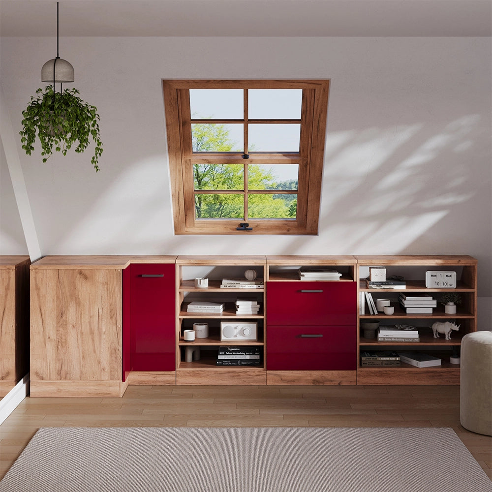 Mobile sottotetto Mobile angolare Rion Rosso lucido/Rovere dorato 75.6 x 83.8 cm con 1 porta, carcassa dell’armadio profondità 60 cm Vicco