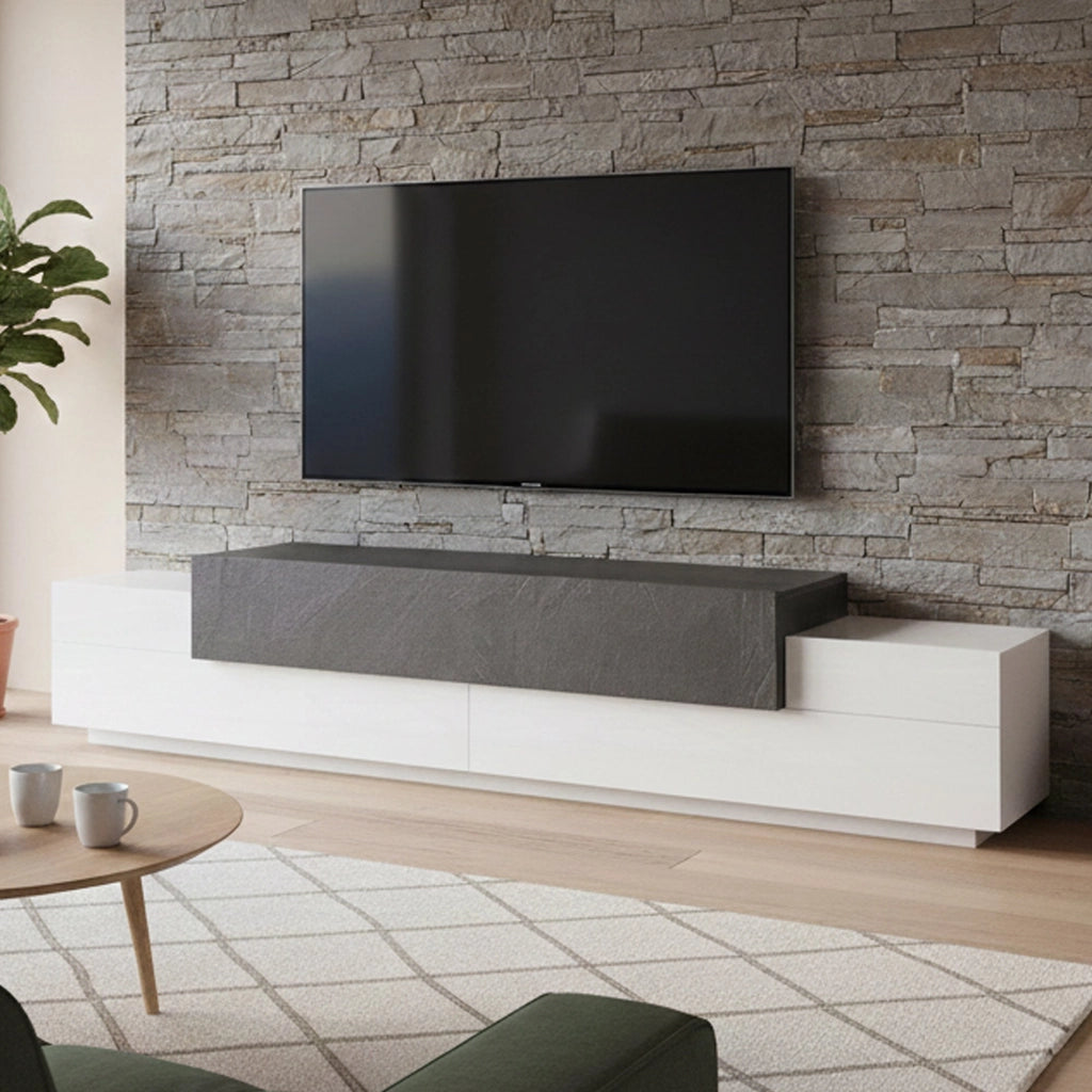 Mobile da soggiorno Porta Tiche, Made in Italy, Credenza per Tiche da salotto a 3 ante e ripiani, cm 240x45h52, colore Bianco lucido e Grigio Cenere