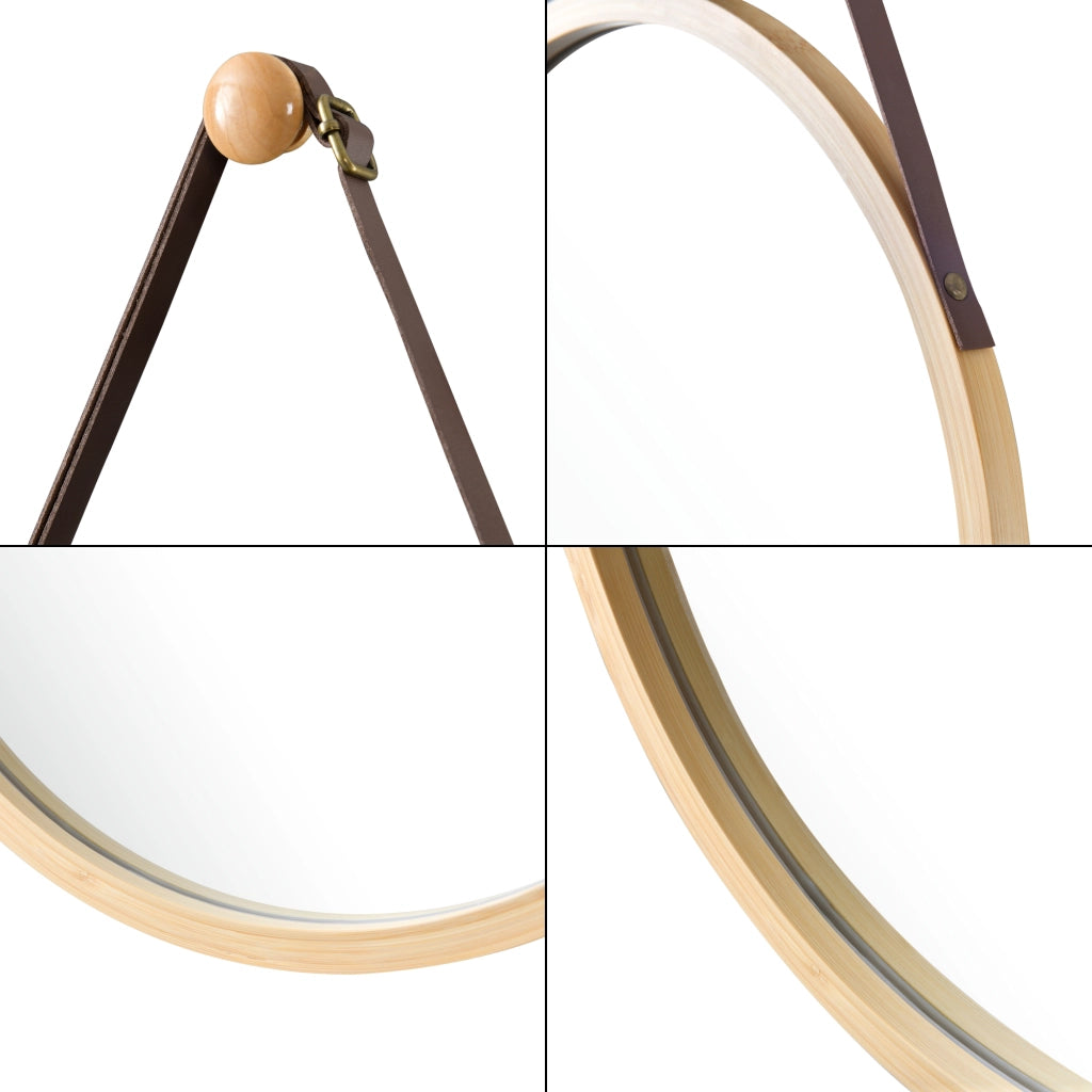 Specchio Sospeso 'Bykle' Rotondo Ø 38 cm Cornice in Bambù e Cintura Regolabile in Lunghezza [en.casa]
